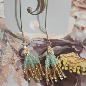 Charming Charlie Mint Seafoam Green Gold Tassel Bead Fringe Dangle Earrings NWT